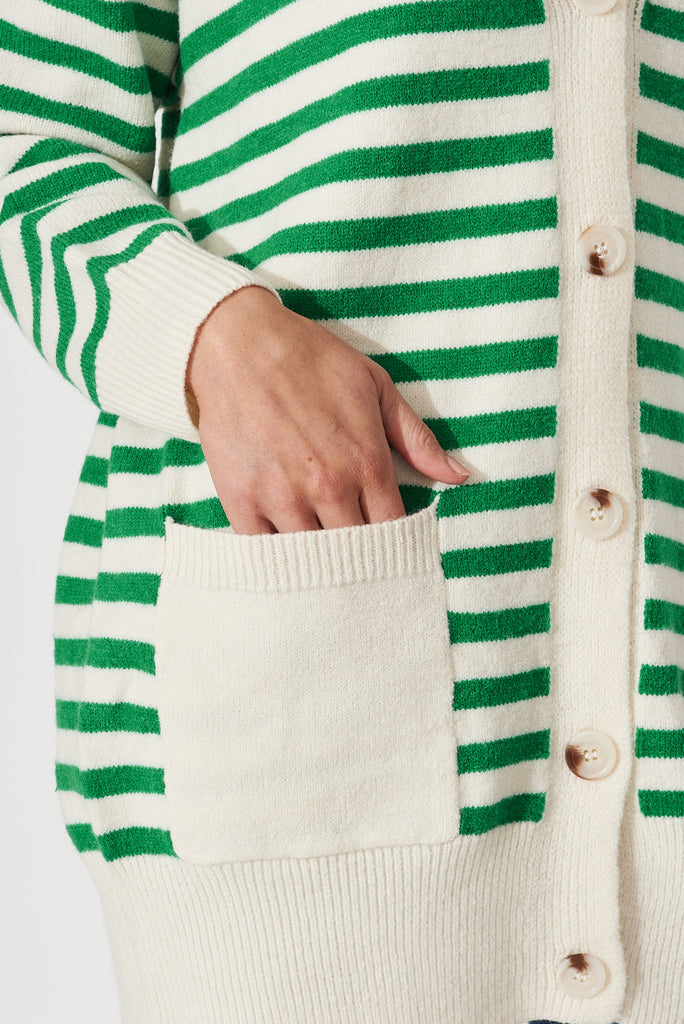 Jarvis Knit Cardigan In Beige With Green Stripe Wool Blend - detail