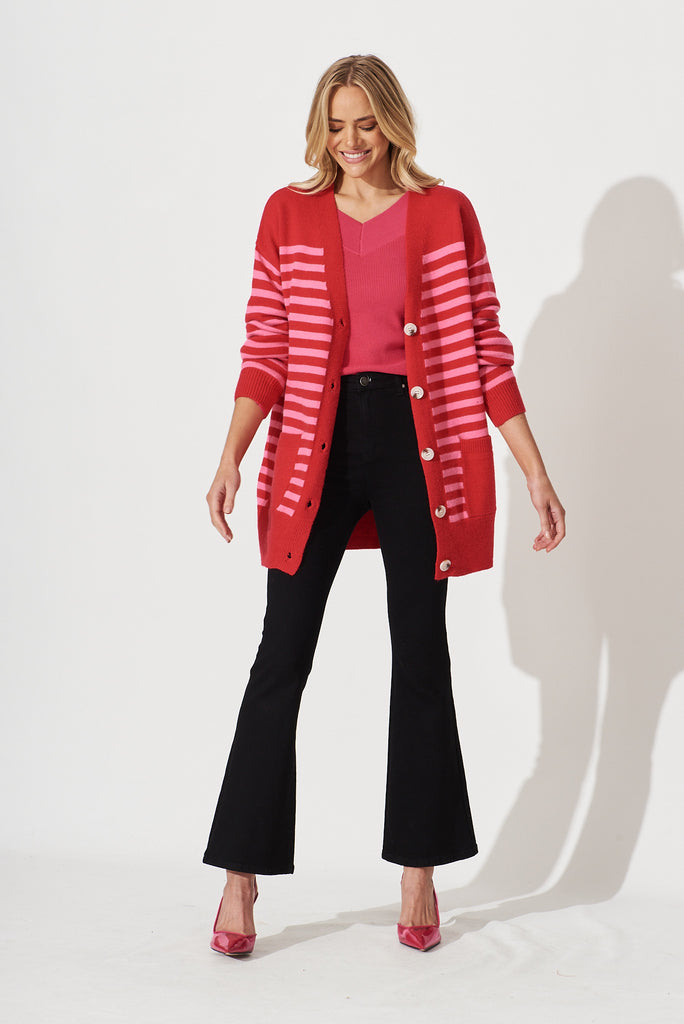 Jarvis Knit Cardigan In Red With Pink Stripe Wool Blend - full length