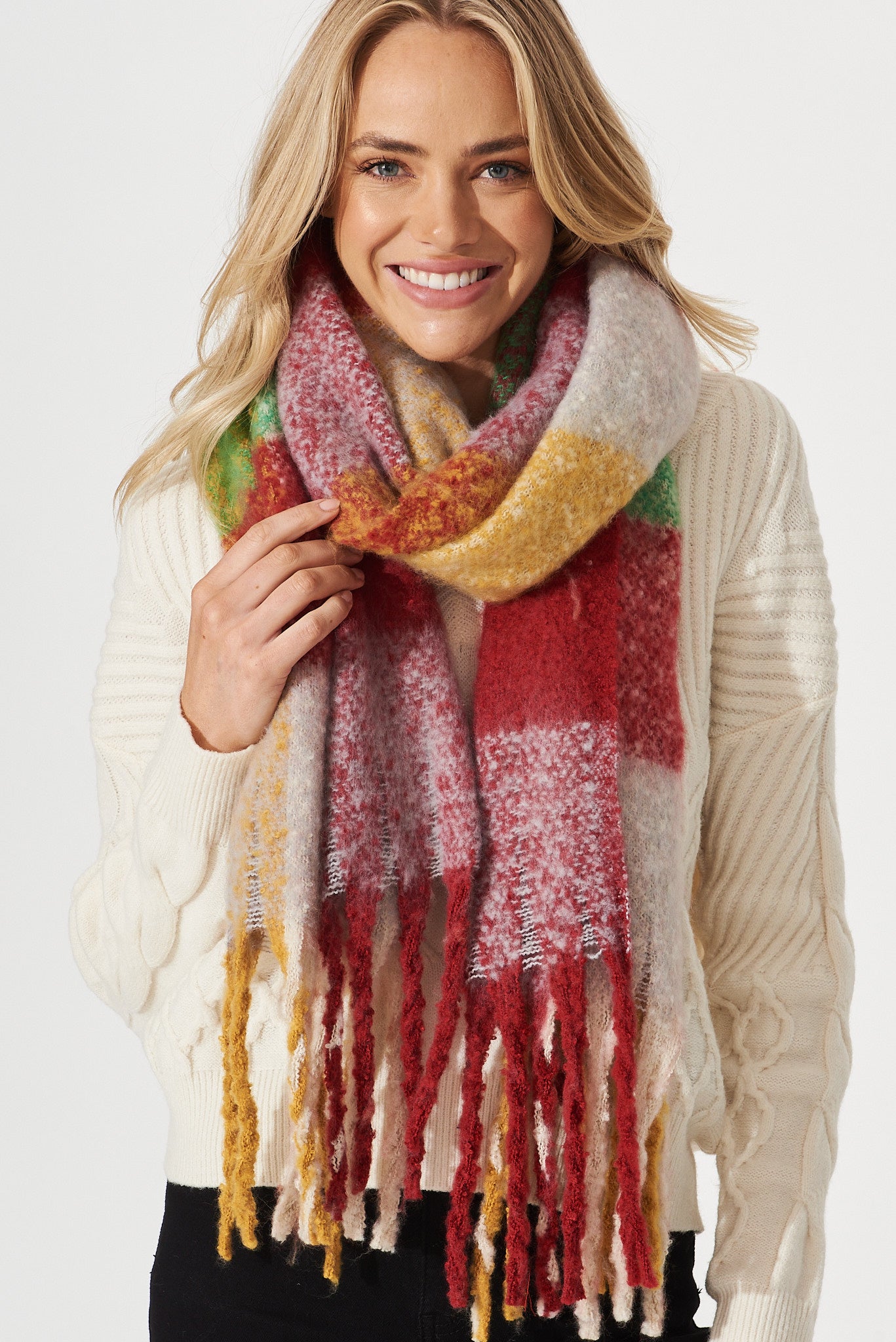 August + Delilah Brooklyn Oversized Knit Scarf In Red And Green Check - front