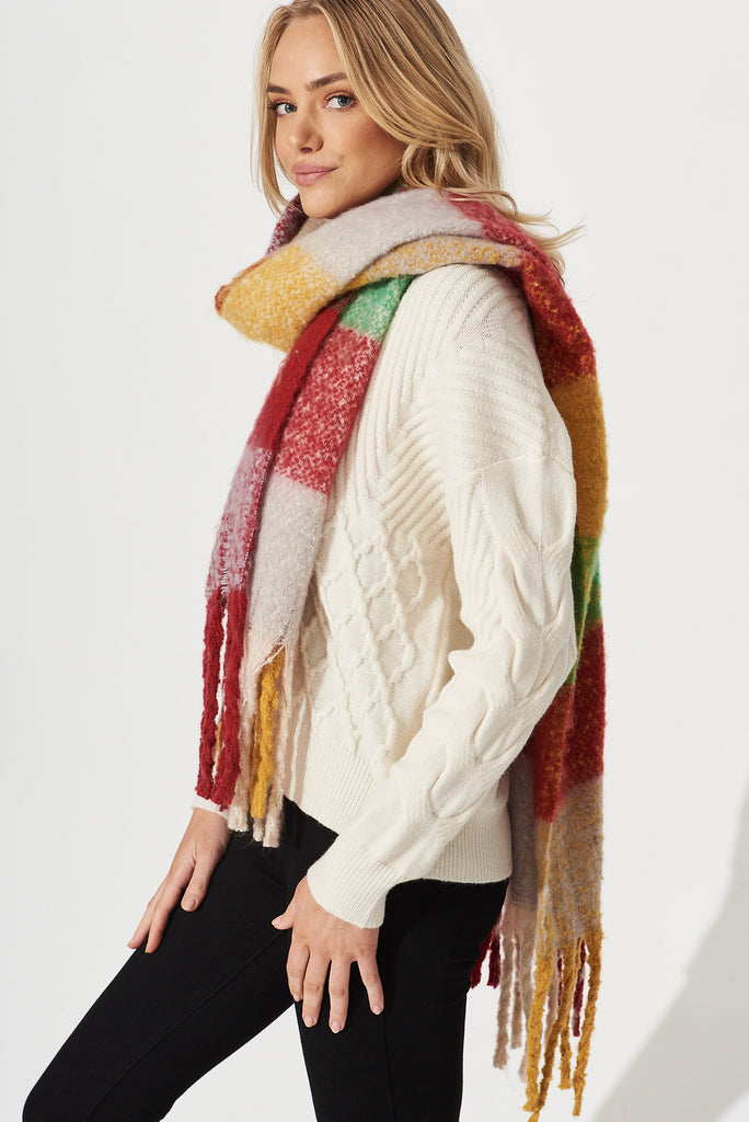 August + Delilah Brooklyn Oversized Knit Scarf In Red And Green Check - side