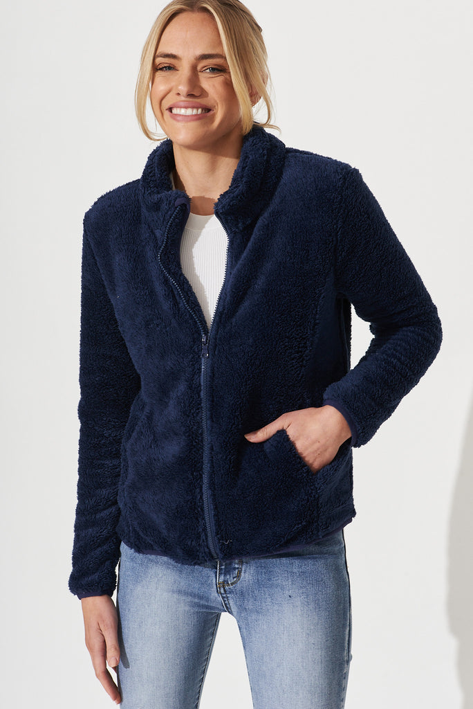 Linea Fluffy Jacket In Navy - front