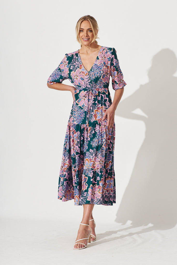 Emilia Maxi Dress In Green With Pink Multi Floral - full length