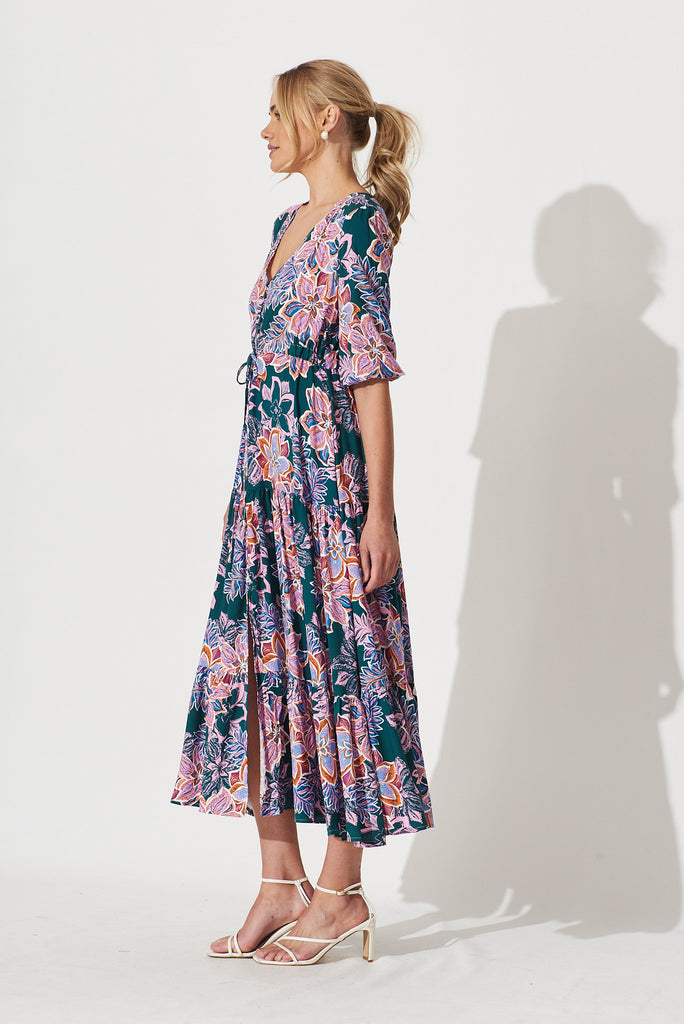 Emilia Maxi Dress In Green With Pink Multi Floral - side