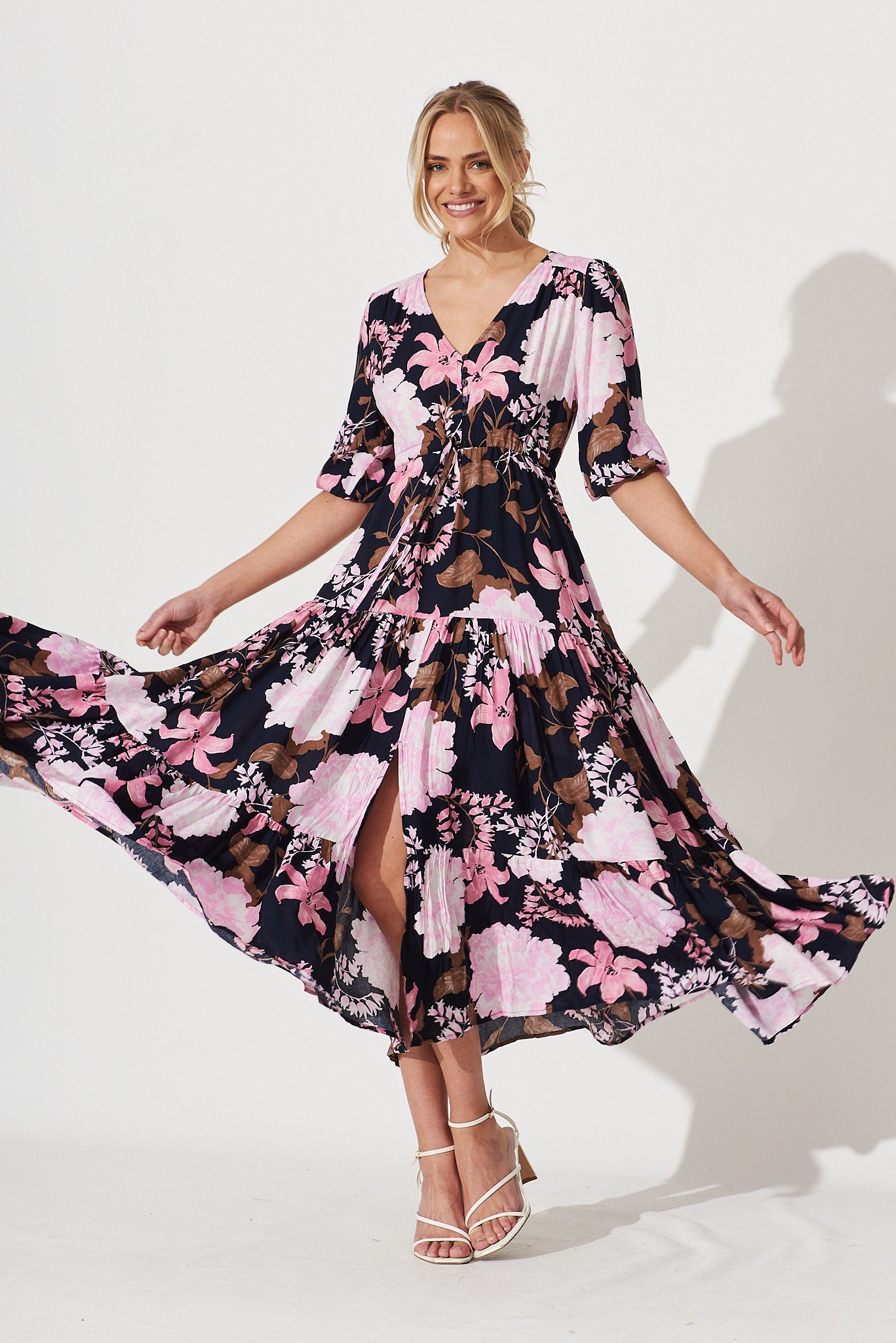 Emilia Maxi Dress In Navy With Pink And Lilac Floral - full length
