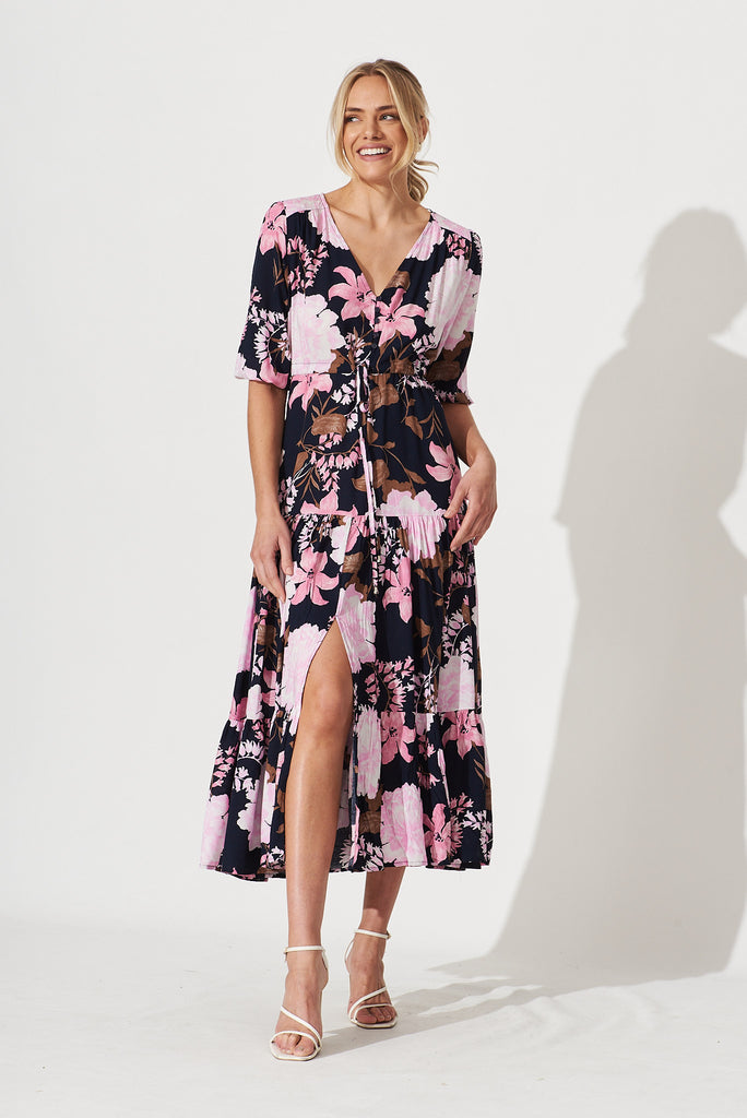 Emilia Maxi Dress In Navy With Pink And Lilac Floral - full length