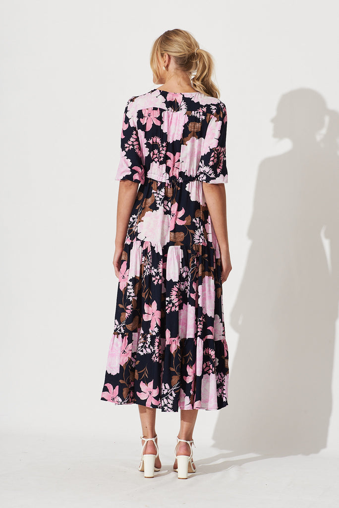 Emilia Maxi Dress In Navy With Pink And Lilac Floral - back