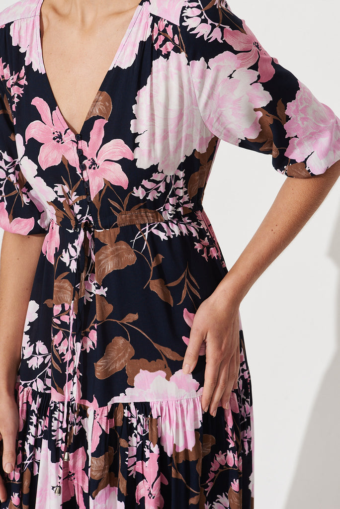Emilia Maxi Dress In Navy With Pink And Lilac Floral - detail