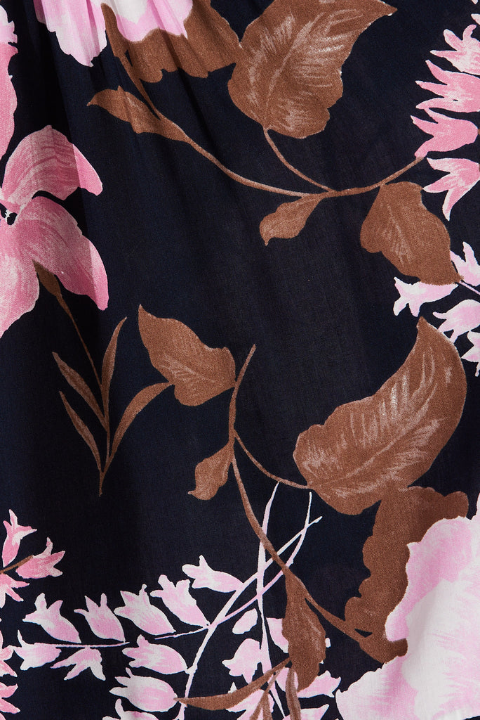 Emilia Maxi Dress In Navy With Pink And Lilac Floral - fabric