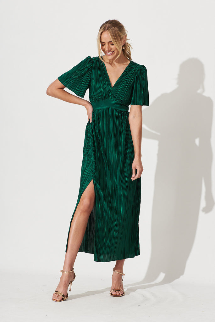 Roseville Maxi Dress In Emerald Plisse - full length