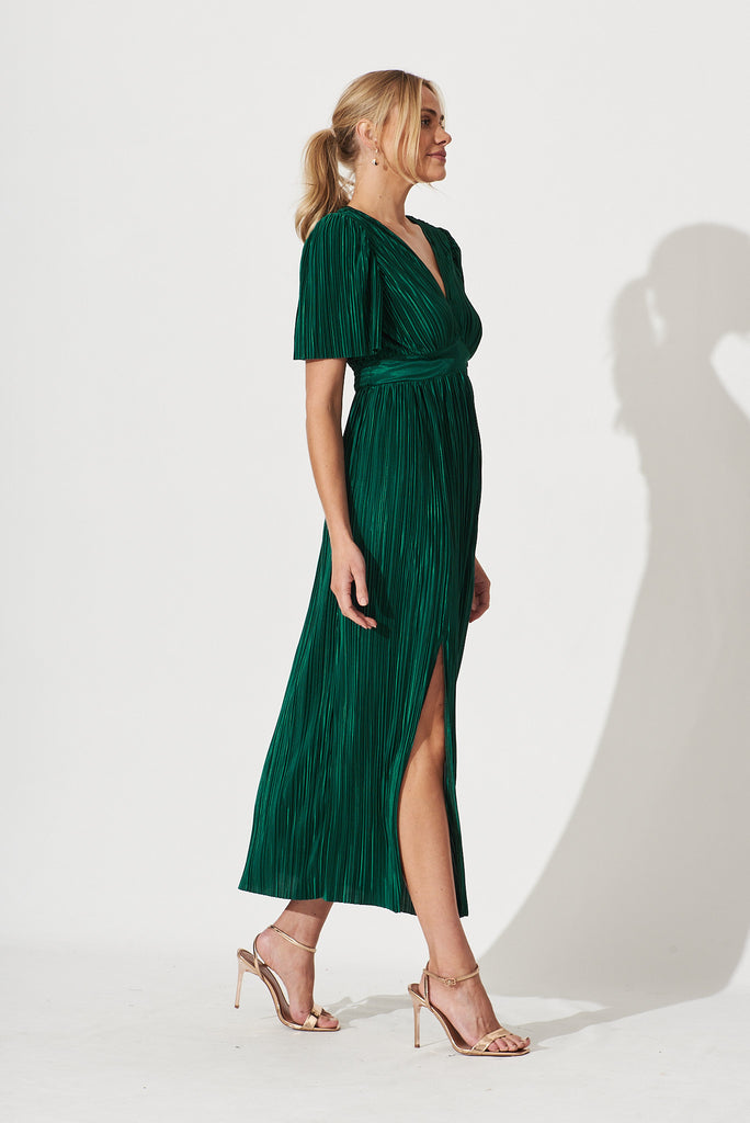 Roseville Maxi Dress In Emerald Plisse - side