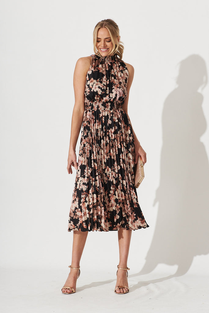 Simmie Midi Dress In Black With Apricot Floral - full length