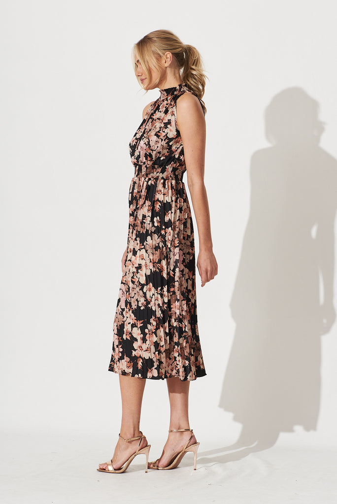 Simmie Midi Dress In Black With Apricot Floral - side
