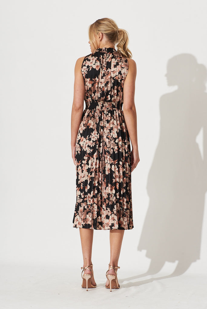 Simmie Midi Dress In Black With Apricot Floral - back