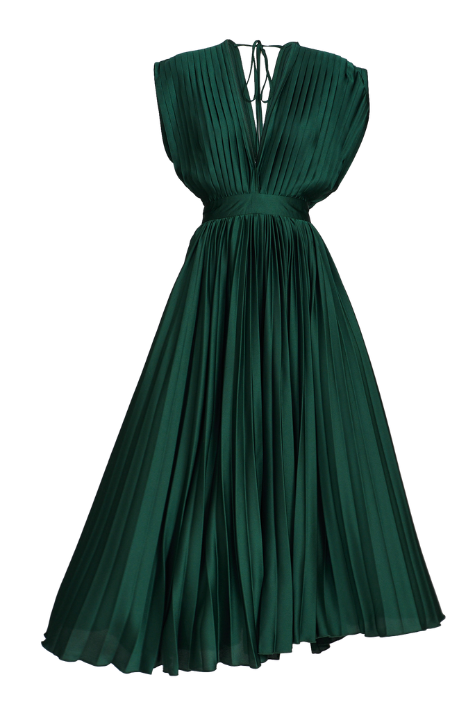 Anetta Midi Dress In Pleated Emerald Satin - ghost