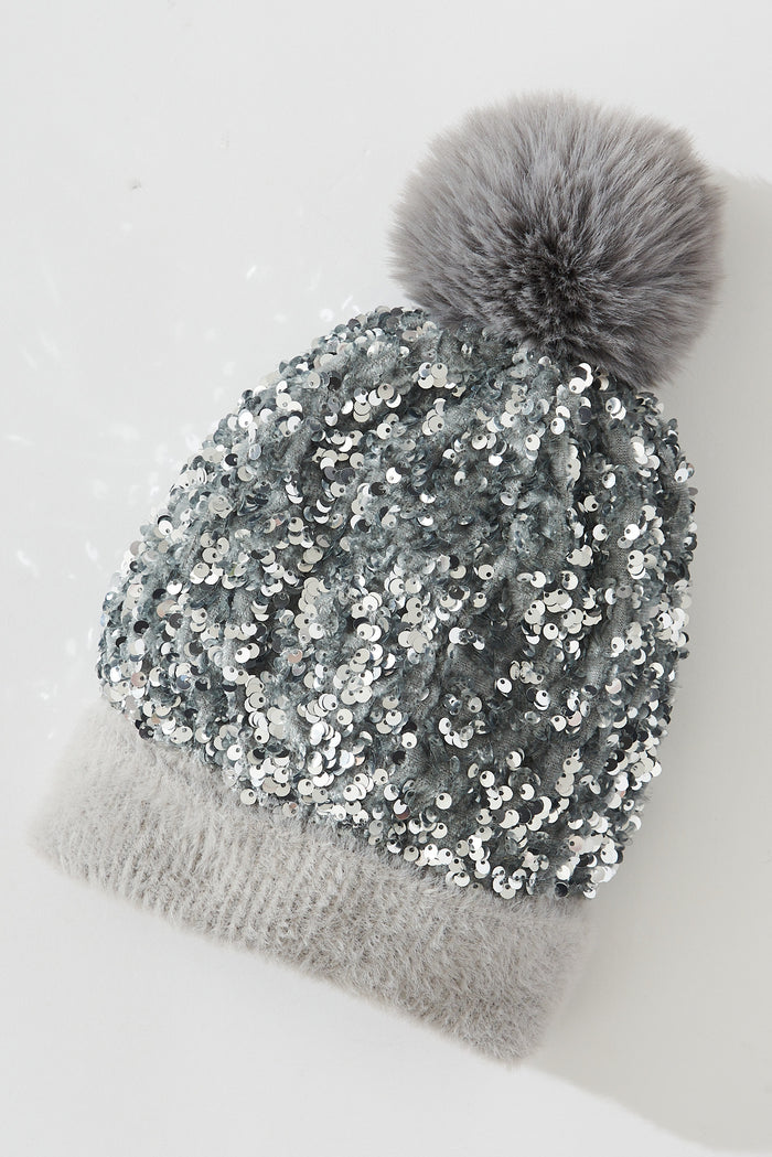 August + Delilah Figuera Knit Beanie In Grey Sequin - flatlay