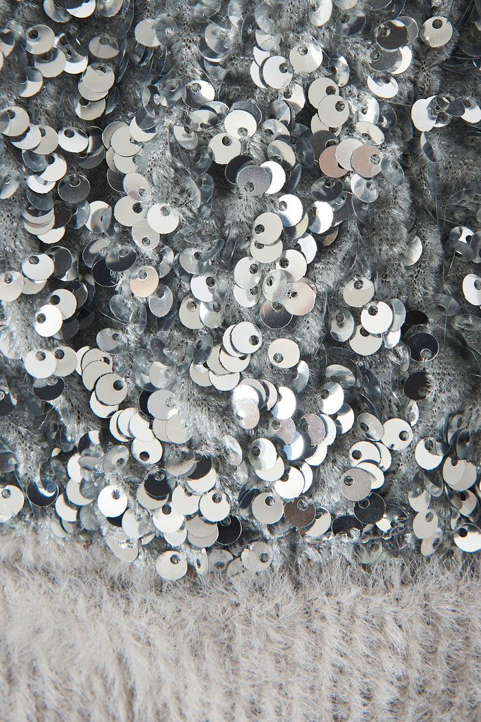August + Delilah Figuera Knit Beanie In Grey Sequin - fabric