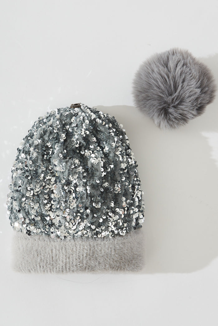 August + Delilah Figuera Knit Beanie In Grey Sequin - flatlay