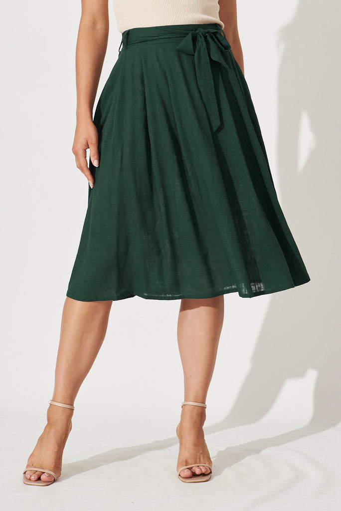 Bailey Midi Skirt In Emerald Linen - front