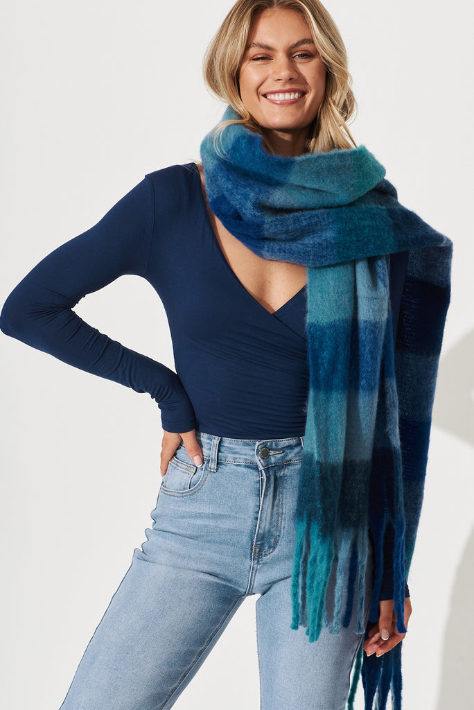 August + Delilah Brooklyn Knit Scarf In Multi Dark Blue Check - front