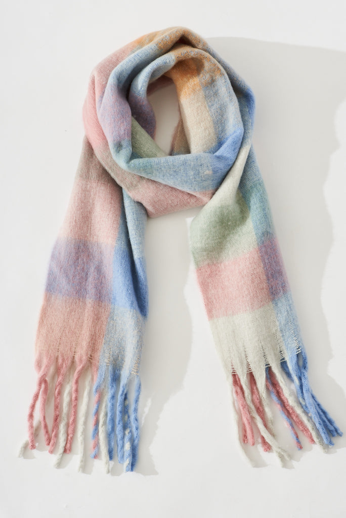 August + Delilah Brooklyn Knit Scarf In Multi Pastel With Pink And Blue Check - flatlay