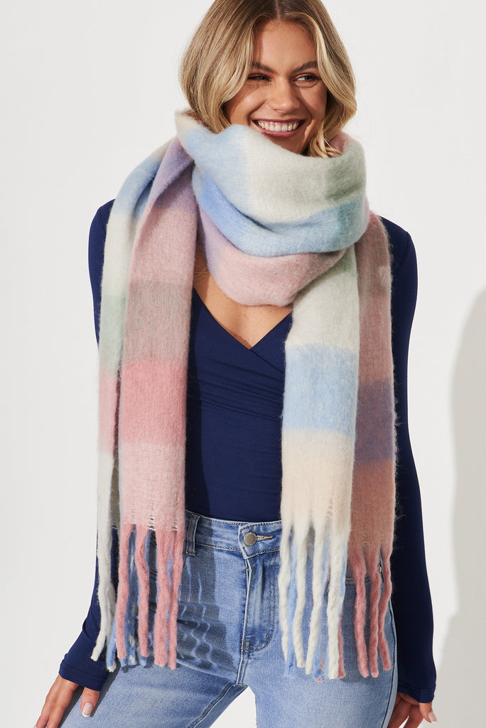 August + Delilah Brooklyn Knit Scarf In Multi Pastel With Pink And Blue Check - front