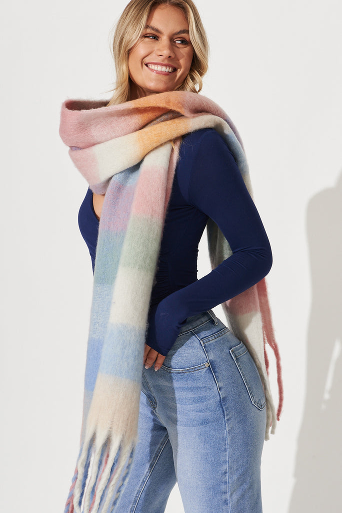 August + Delilah Brooklyn Knit Scarf In Multi Pastel With Pink And Blue Check - side