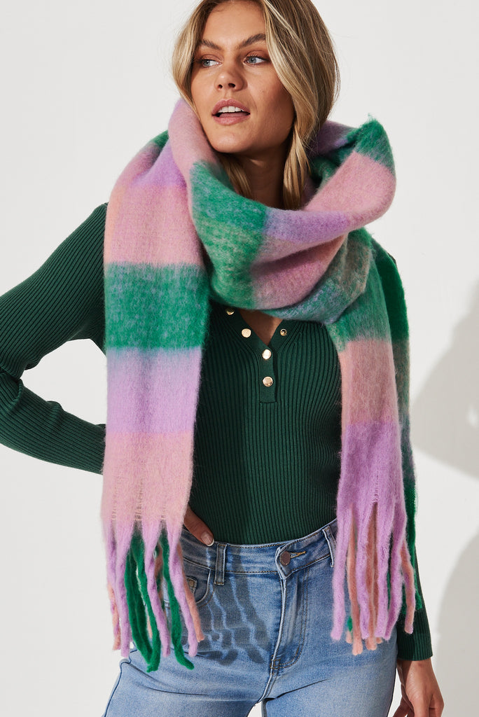 August + Delilah Brooklyn Knit Scarf In Multi Green And Lilac Check - front