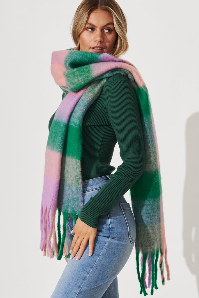 August + Delilah Brooklyn Knit Scarf In Multi Green And Lilac Check - side