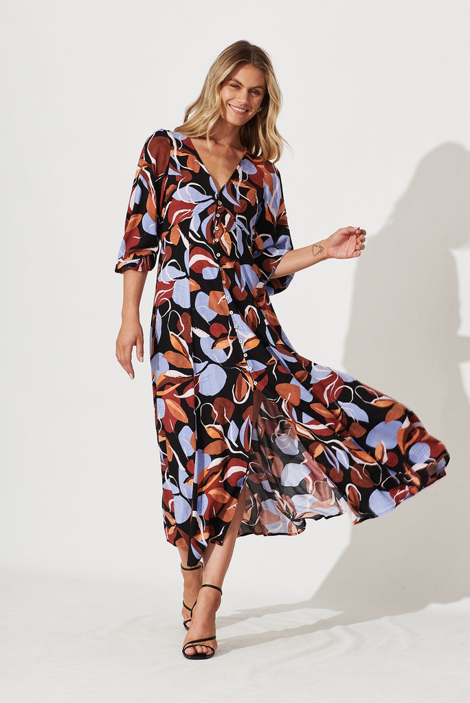 San Juan Maxi Dress In Black With Brown And Blue Leaf Print - full length
