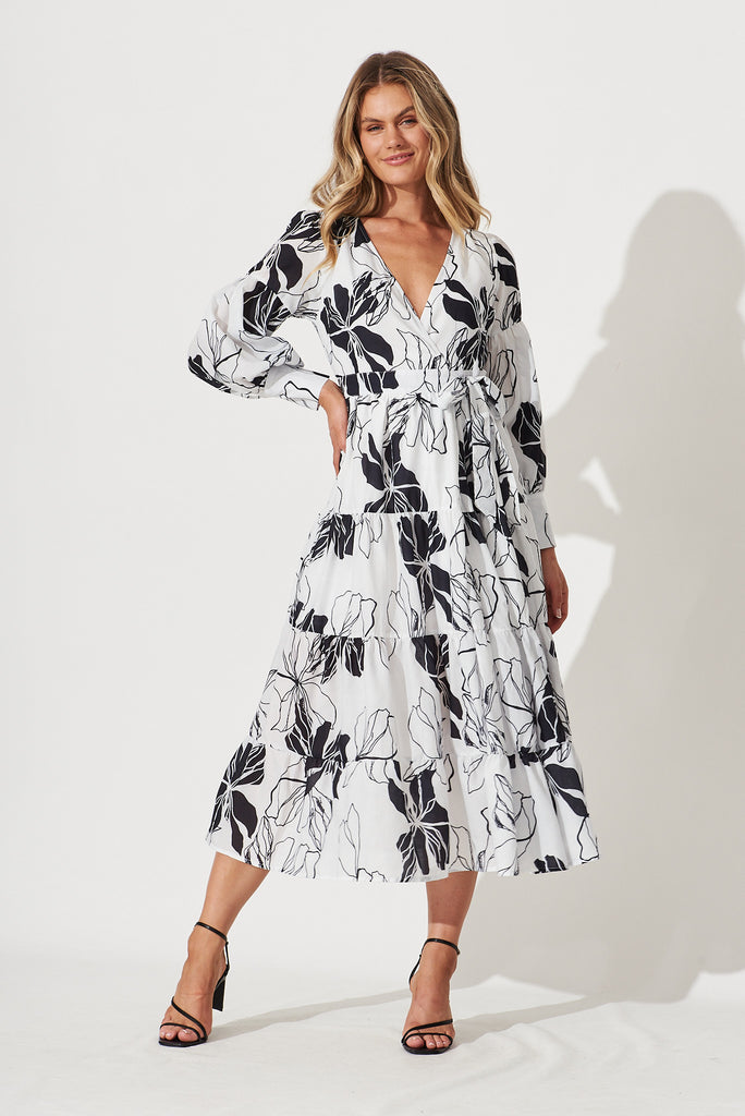 Hoffman Maxi Wrap Dress In Black And White Floral - full length