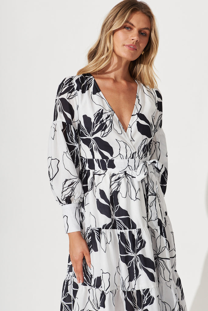 Hoffman Maxi Wrap Dress In Black And White Floral - front