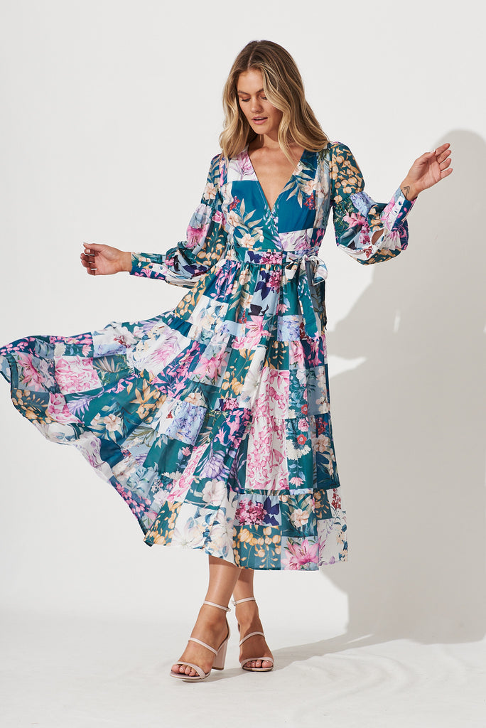 Hoffman Maxi Wrap Dress In Dark Green Patch Floral - full length