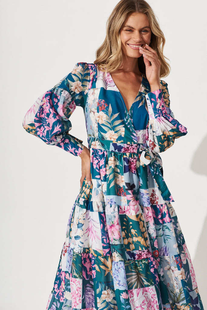 Hoffman Maxi Wrap Dress In Dark Green Patch Floral - front
