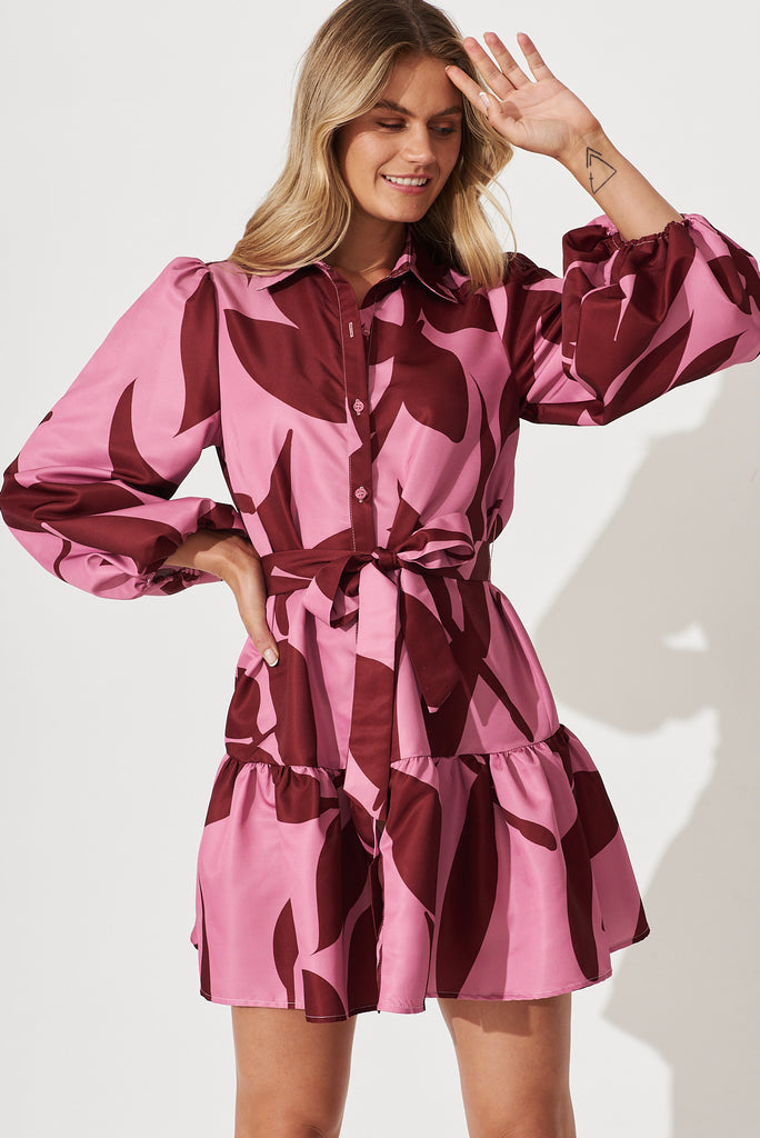 Giulia Shirt Dress In Pink With Wine Print - front