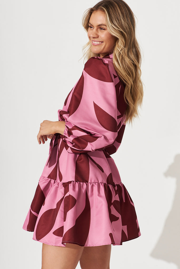 Giulia Shirt Dress In Pink With Wine Print - side