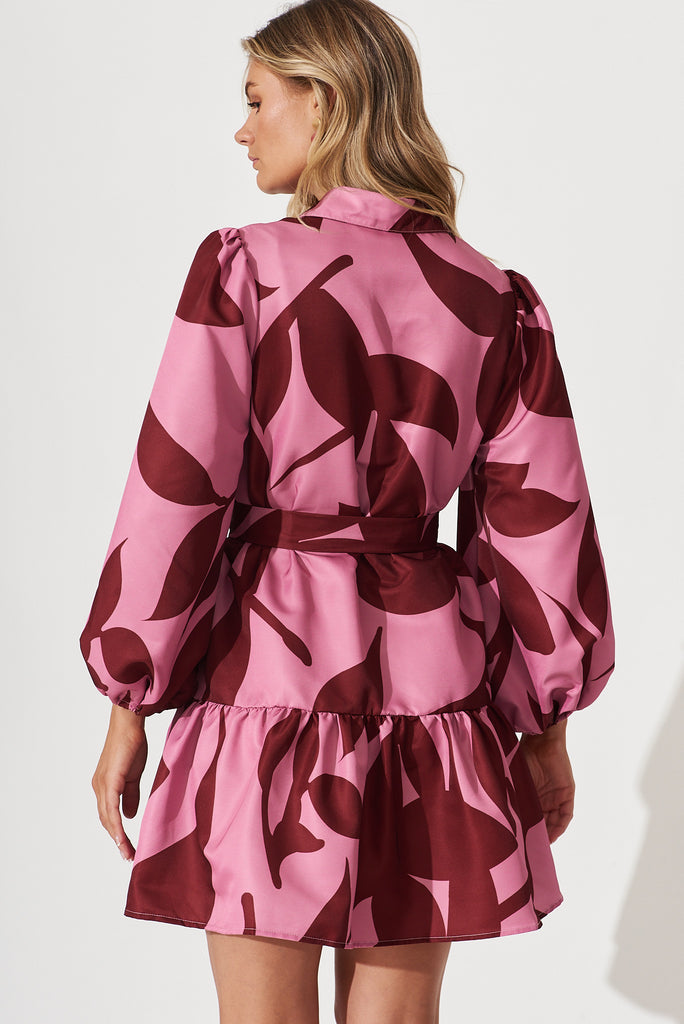 Giulia Shirt Dress In Pink With Wine Print - back