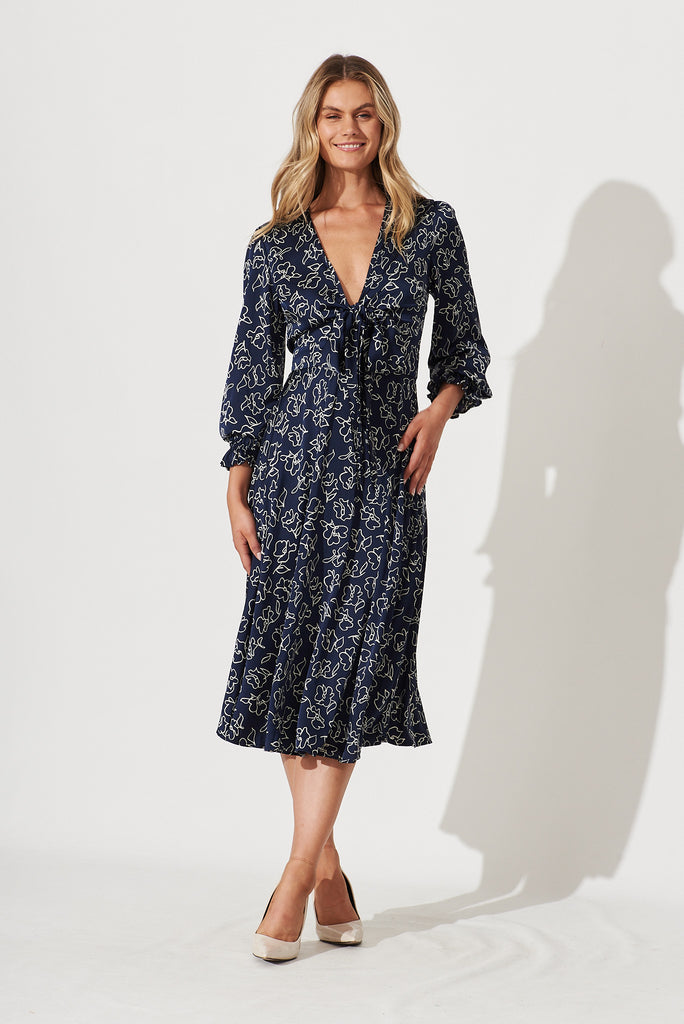 Nevis Midi Dress In Navy With White Floral Satin - full length