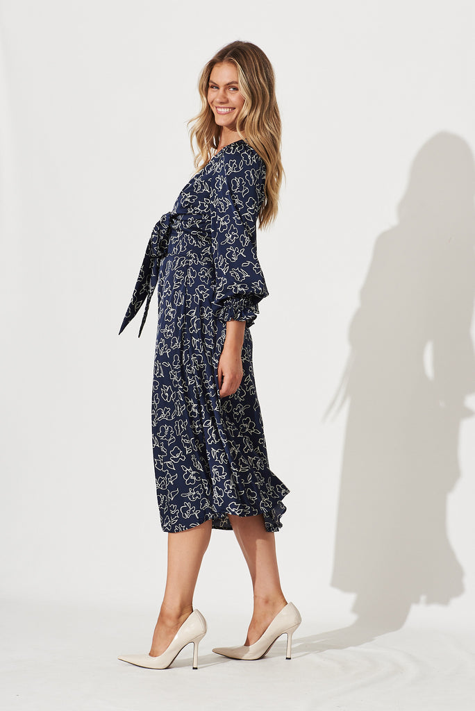 Nevis Midi Dress In Navy With White Floral Satin - side