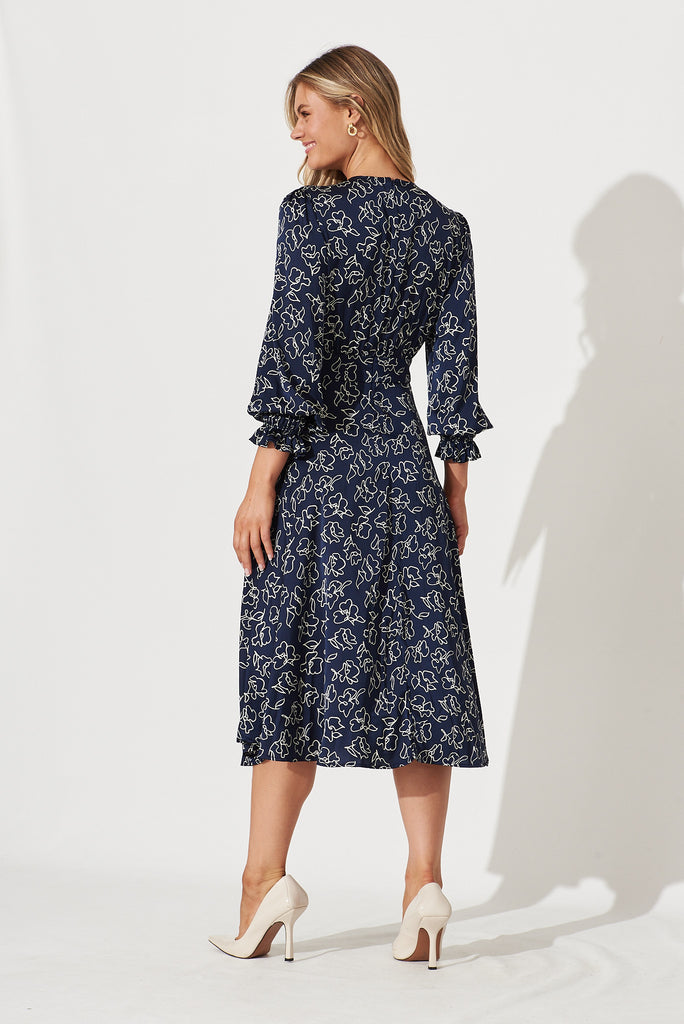 Nevis Midi Dress In Navy With White Floral Satin - back
