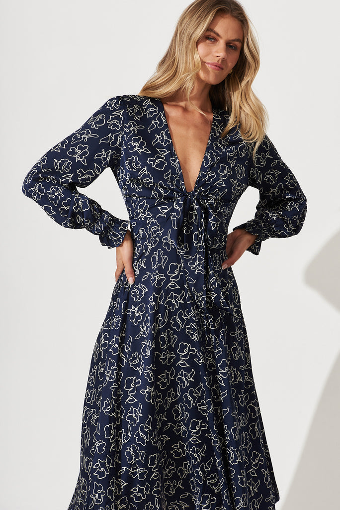 Nevis Midi Dress In Navy With White Floral Satin - front