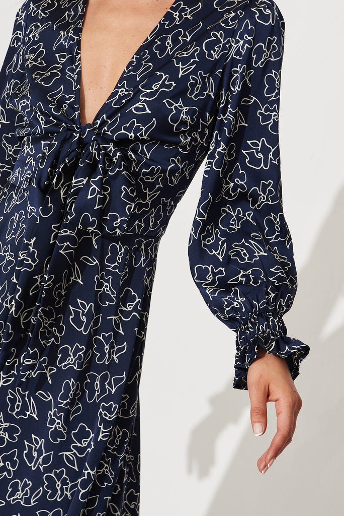Nevis Midi Dress In Navy With White Floral Satin - detail