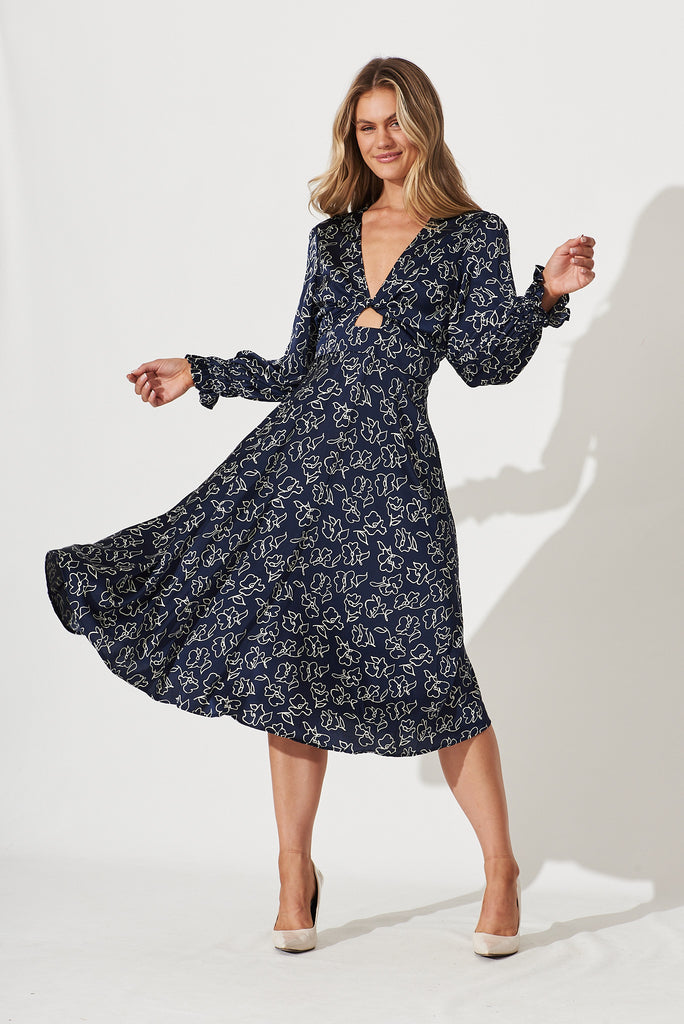 Nevis Midi Dress In Navy With White Floral Satin - full length