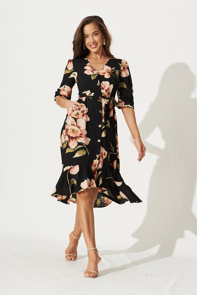 Cora Midi Dress In Black With Blush Floral Bubble Crepe - full length
