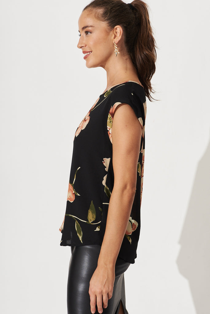 Rejina Top In Black With Blush Floral Bubble Crepe - side