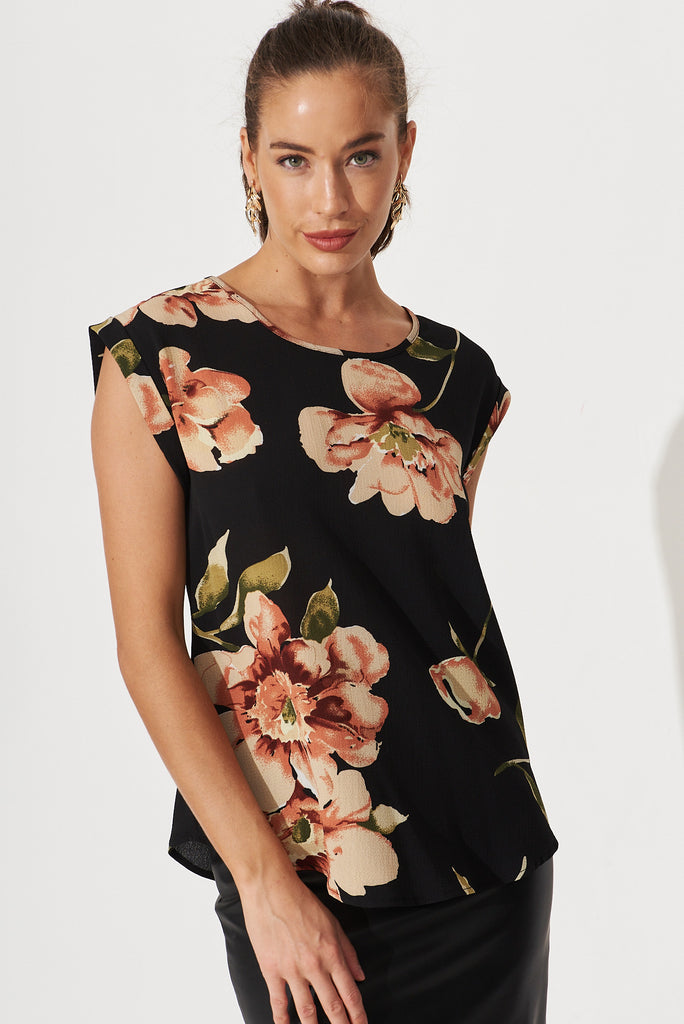 Rejina Top In Black With Blush Floral Bubble Crepe - front