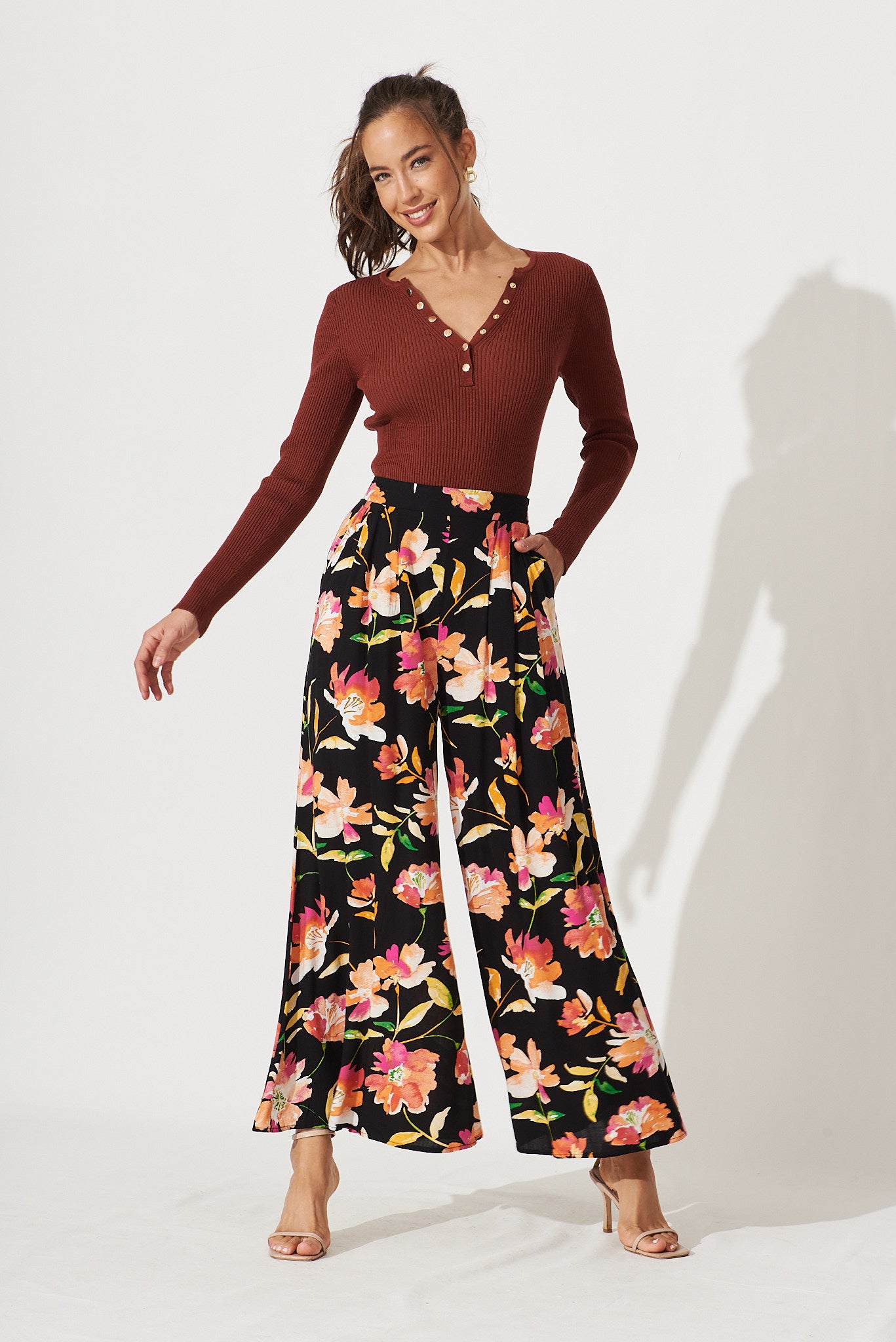 Ellia Pants In Black With Apricot Floral - full length