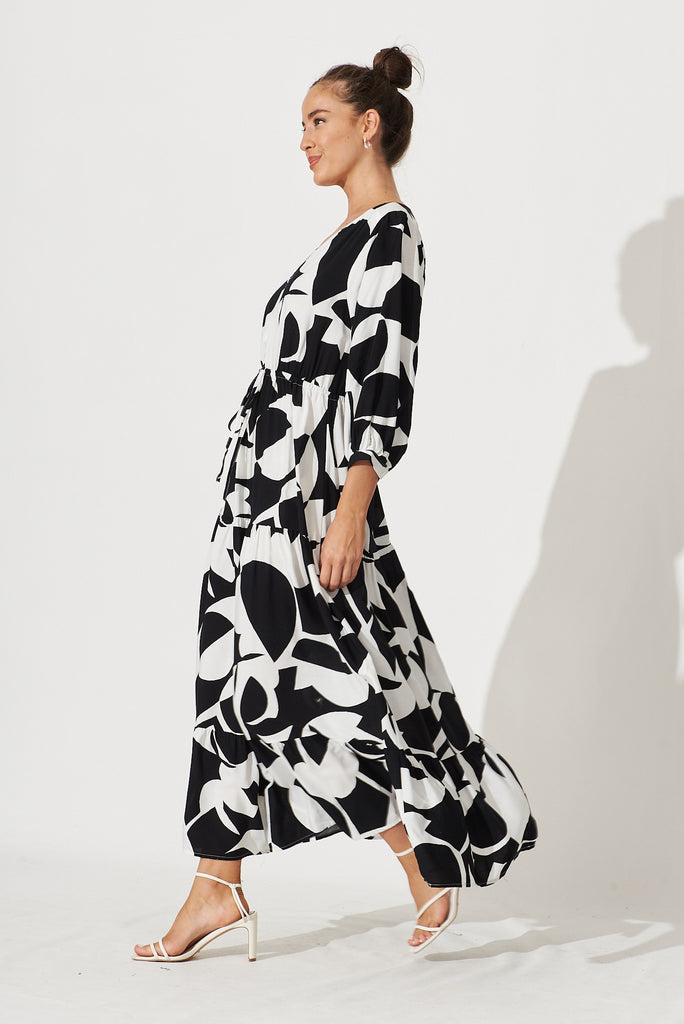 Emillia Maxi Dress In White With Black Mono Print - side