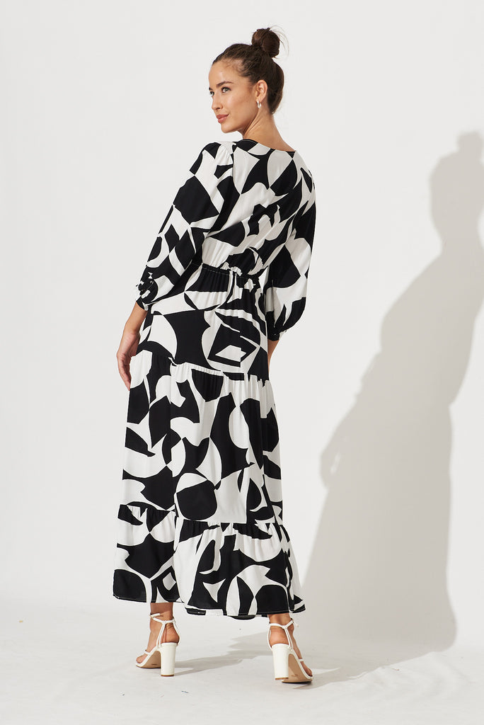 Emillia Maxi Dress In White With Black Mono Print - back