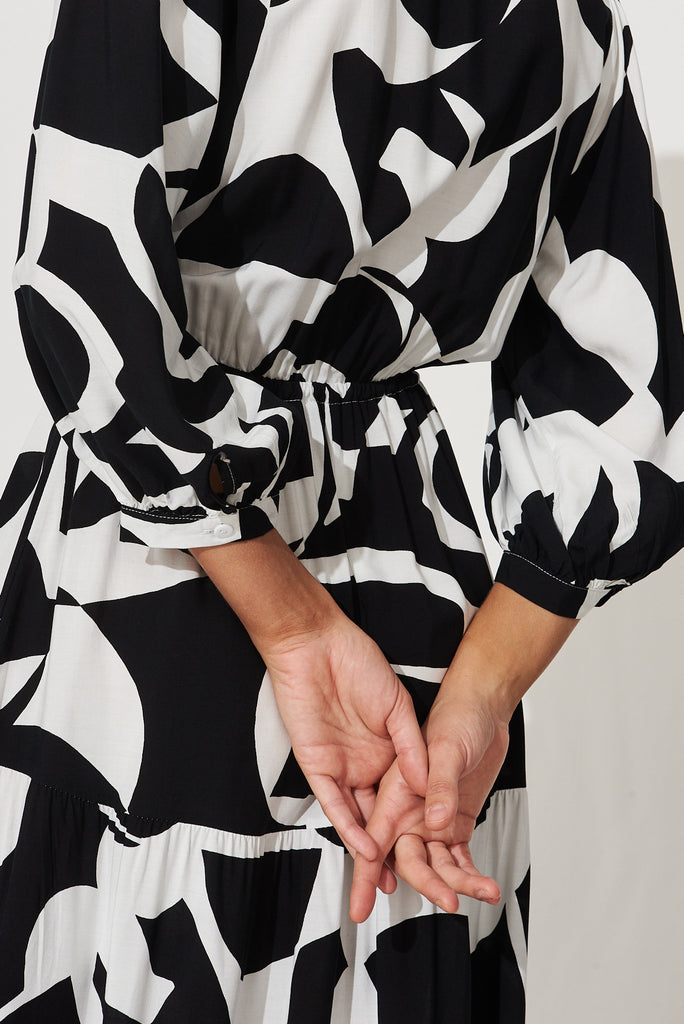 Emillia Maxi Dress In White With Black Mono Print - detail