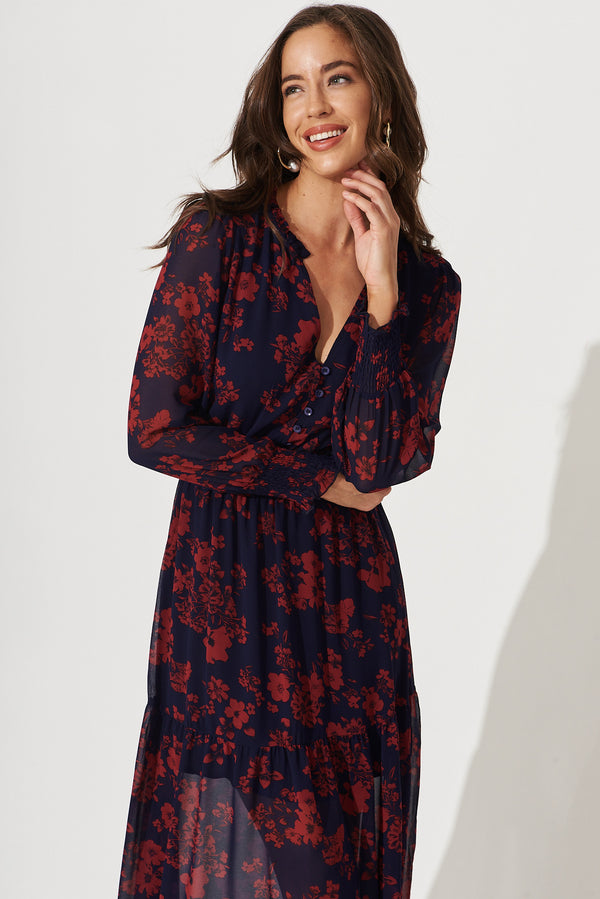 Hamilton Maxi Dress In Navy With Burgundy Floral Chiffon – St Frock